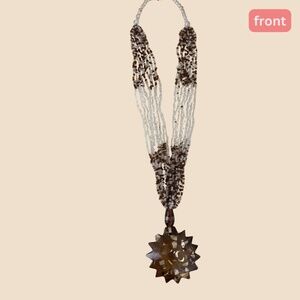 Boho Multi-Strand Beaded Necklace with Large Shell Inlay Sunburst Pendant